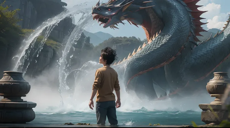 a malay boy standing in front of a dragon with water pouring, in the style of gongbi, mysterious backdrops, unreal engine 5, smooth and curved lines, photo-realistic