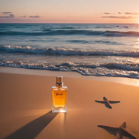 The cologne that Dior photographed on the beach is the sand inside some cologne, The sunset over the sea should be clear, Sharp sand, It is surrounded by some shells and starfish、Rock sugar oranges are more prominent, High quality in the shadows, Sands is ...