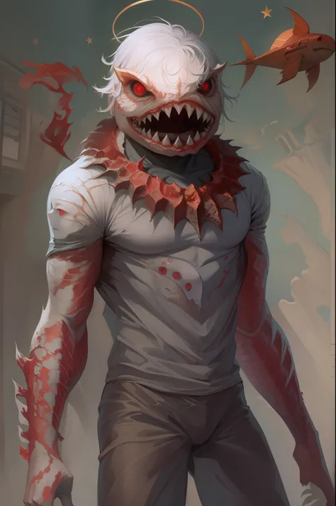 A creature taken from a childs nightmare. male body, Shark teeth, Multiple sticky external limbs, A bright halo on the head, red eyes. You are in a school classroom，With a threatening attitude.