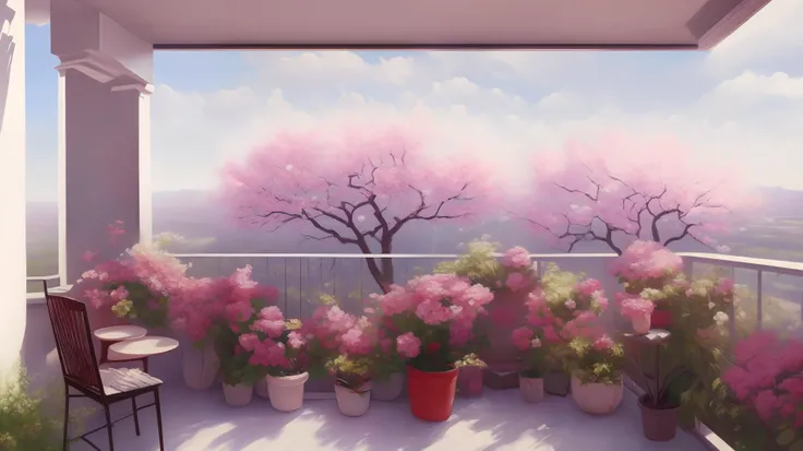 Blank space, large oil painting sense, healing, landscape, balcony, plum blossoms, blurred