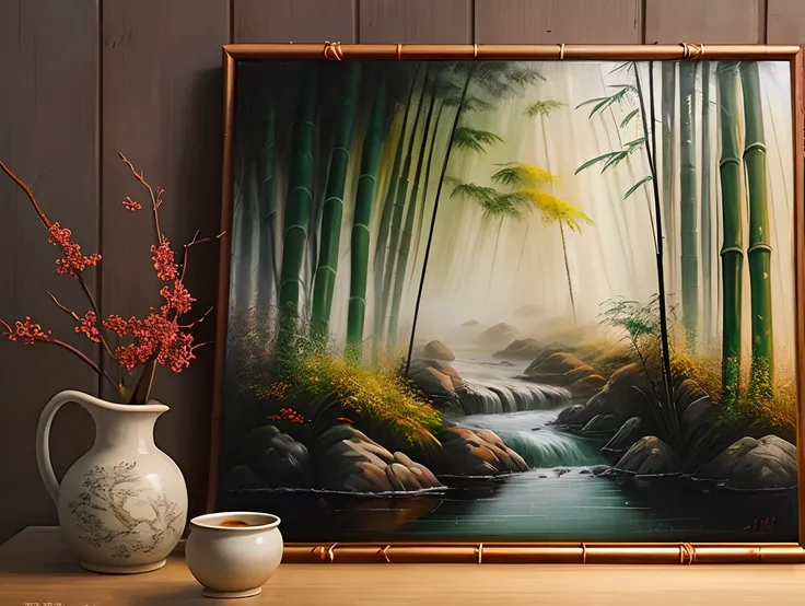 Blank space, oil painting, healing, scenery, blurred, ancient style, bamboo, guqin