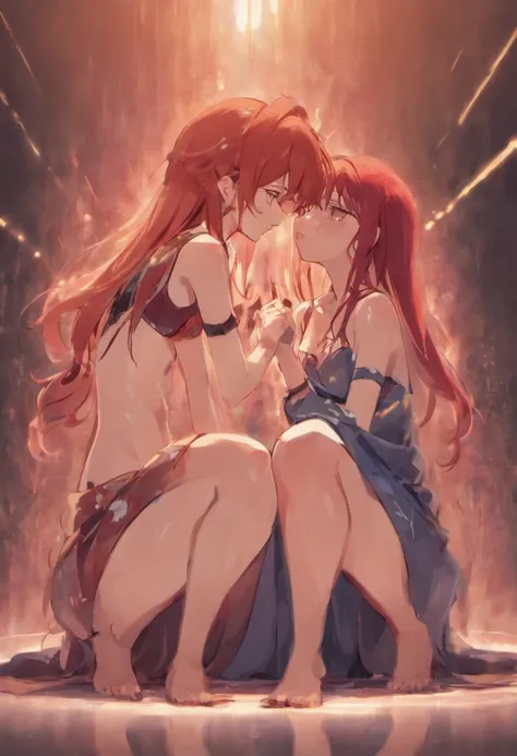 Two young woman crying on their knees with no cloths. One woman has red hair. Running makeup