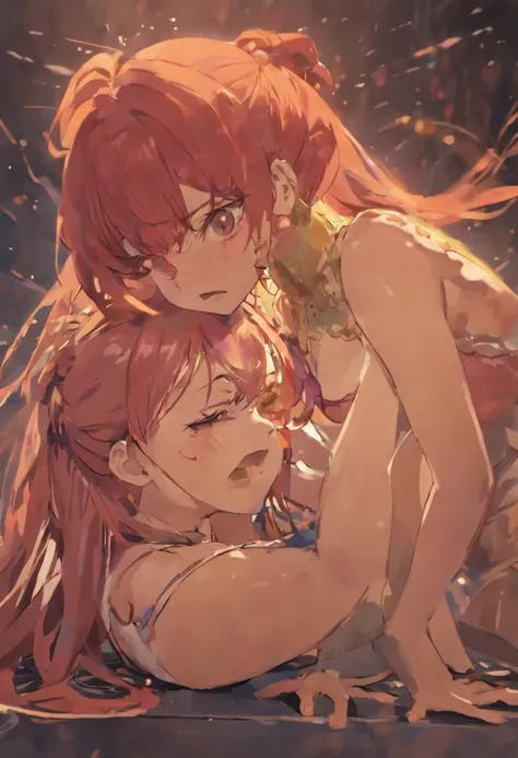 Two young woman crying on their knees with no cloths. One woman has red hair. Running makeup