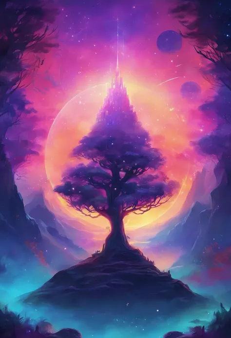 /imagine prompt: Midnight Arboreal Majesty, symbolism, acrylic painting, cosmic, wonder, synthwave:: t-shirt vector, center composition graphic design, plain background::2 mockup::-2 --upbeta --ar 1:1