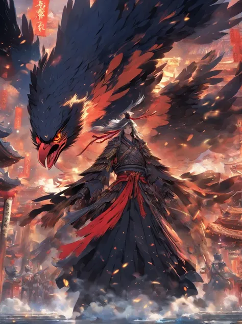 8K分辨率、((top-quality))、((tmasterpiece))、((ultra - detailed))，Raven Tengu, traditional japanese concept art，Chinese mythology，（Anthropomorphic crows），Chinese armor，Black wings，nigh sky，Fight in the air with a spear in hand，