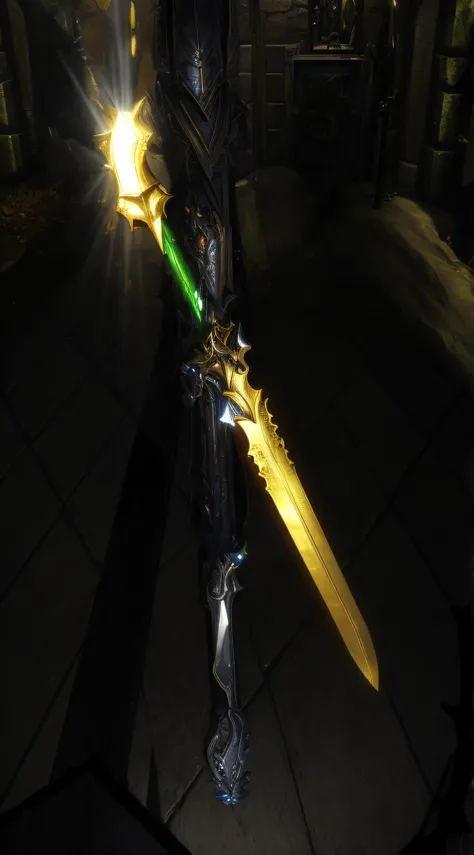 there is a man holding a sword in a dimly lit room, chainsword in the other, glowing green soul blade, glowing sword in hand, yellow broad sword, shinning sword, sci-fi sword, glowing sword, greatsword, holding a colossal sword, gold sword, huge oversized ...