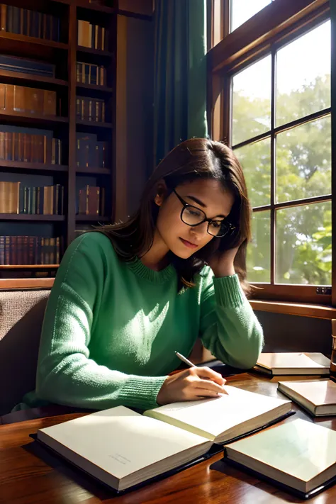 (highres:1.2),detailed girl studying in library,books,notebooks,pencils,reading glasses,curious eyes,concentration,peaceful atmo...