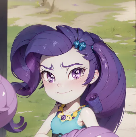 a close up of a cartoon pony with a pinkie on her head, nefarious smirk, purple eyes and white dress, her hair is in a pony tail, but a stern look about her, she has purple hair, her gaze is downcast, roguish smirk, sadness personified, with huge luminous ...