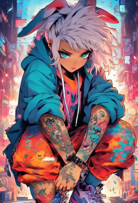 Cool and trendy rabbits, White hair, Blue eyes, Wear trendy hip-hop clothes, Wearing a hoodie, Graphic T-shirt and ripped jeans, Lots of tattoos and piercings, Doodle style background, Highly detailed background, perfect masterpiece, High quality, High res...