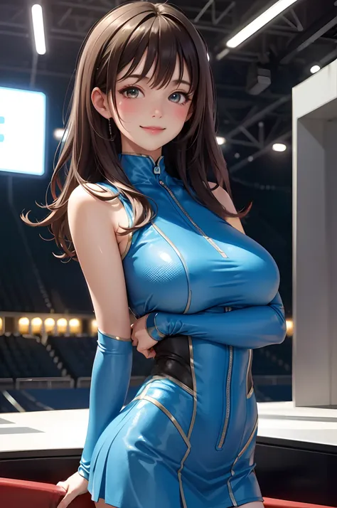 1lady solo standing, /(grid girl/) /(blue costume with logo/) mini skirt, mature female, /(brown hair/) bangs, blush kind smile, (masterpiece best quality:1.2) delicate illustration ultra-detailed, large breasts BREAK /(motor show indoors/), audience, deta...