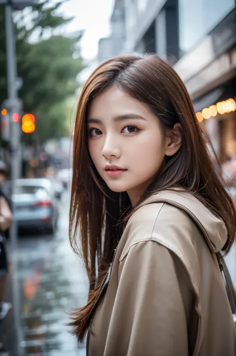 ((Best Quality, 8k, Masterpiece: 1.3)), Focus: 1.2, Perfect Body Beauty: 1.4, Buttocks: 1.2, (Layered Haircut: 1.2)), (Rain, Street:1.3), Highly detailed face and skin texture, Fine eyes, Double eyelids, Whitening skin, Long hair, (Round face: 1.5), sweet_...