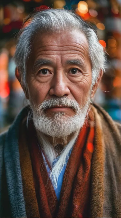 one with a white beard，old man in red scarf, wise old man, an old man, color photograph portrait 4k, portrait of monk, peaceful ...