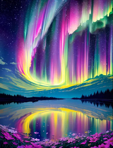 tmasterpiece， Neon stars， Around the flowers，truth， expecting， Depth-of-fie， insight， Understood， mont， Lush translucent clouds of the Milky Way， spectrum， in a panoramic view， Star cycle， cycle， portal， Mare， extreme light， The Global Northern Lights