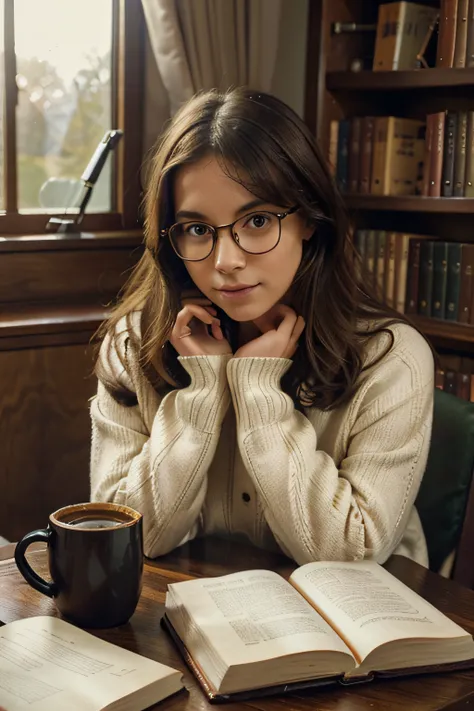 (a girl study in library),portrait,illustration,old bookshelves,soft natural lighting,warm color tones,quiet atmosphere,vintage reading glasses,leather armchair,thoughtful expression,notebooks and pens,bookmarks scattered on the table, cozy sweater,reading...