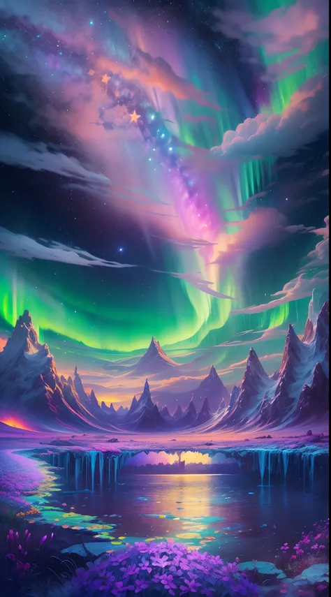 tmasterpiece， Neon Star， Around the flowers，truth， expecting， Depth-of-fie， insight， Understood， mont， The Milky Ways lush, translucent clouds， spectrum， in a panoramic view， Interstellar cycle， cycle， portal， Mare， extreme light， The Global Northern Light...