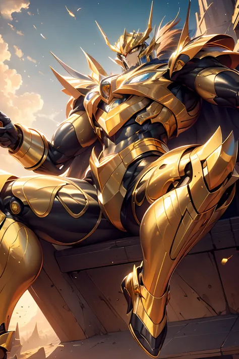 ((Top quality, 8K, Masterpiece: 1.3)), Metal Dragonman, super definition, Golden mecha skin，Golden eyes, robot, eyes beautiful, Once you see it, Dont forget, Background of the evening sky, The natural color of the body, Machine,