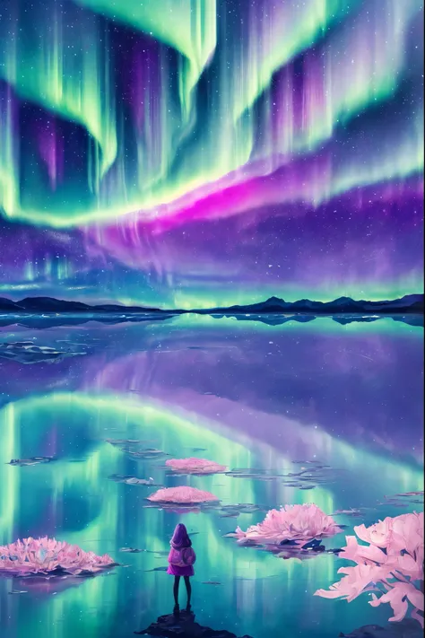 （Girl standing in front of a swirl of colorful Northern Lights: 1.5），((Neon Star， Around the flowers，truth， expecting， Depth-of-fie， insight， Understood， mont， The Milky Ways lush, translucent clouds， spectrum， in a panoramic view， Interstellar cycle， cycl...