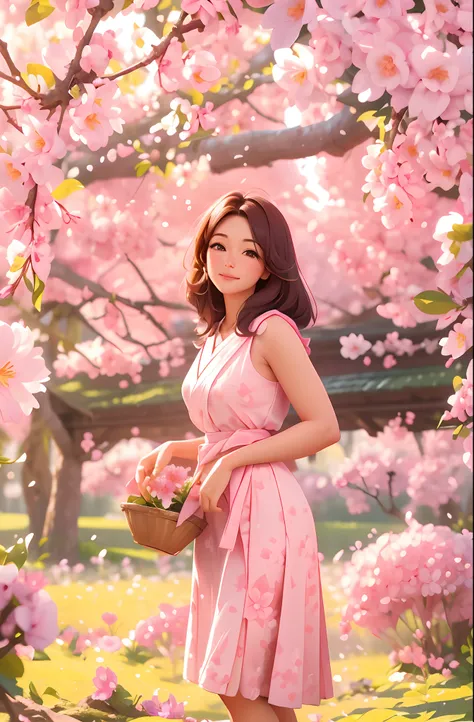 A beautiful 30-year-old farmer woman picking Sakura flowers, standing posture, happy bright open eyes, wearing a pink and white Japanese flock, holding a hanging Sakura flower basket, feminine form, lot of Sakura flowers on branches, morning light