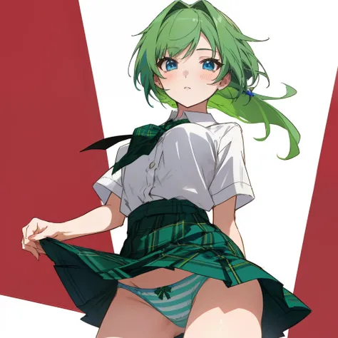 Beautiful anime girl with green hair, blue eyes, wearing white shirt with green plaid skirt with green striped panties showing