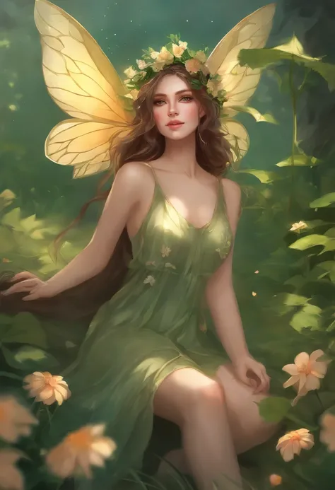 a woman with brown hair and green wings sits in the grass, Smiling like a queen of fairies, Beautiful fantasy anime, Extrem detaillierter Artgerm, Fey Queen of the Summer Forest, Anime-Fantasy-Kunstwerk, elf girl, Insect Trainer Girl, Waldfae, beautiful an...