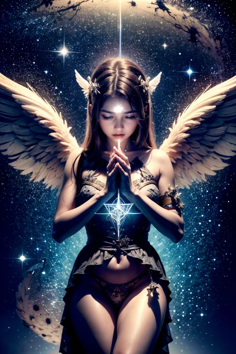 (masterpiece), (best quality:1.4), absurdres, [:intricate details:0.2], angel, angel wings, milky way, sky, shimmering aura, intense focus, crackling energy, mysterious symbols, sparkling motes,