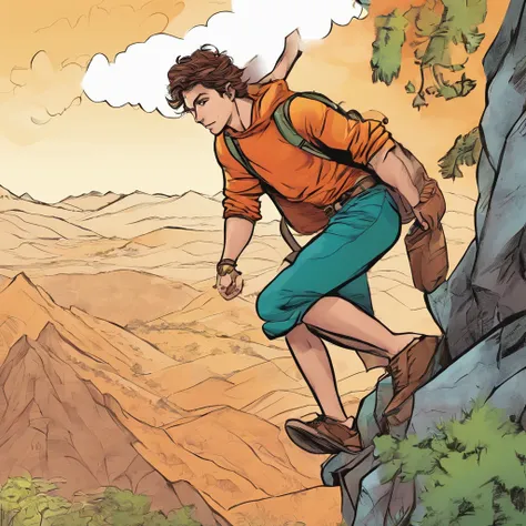 Young man climbing a mountain，Faraway view