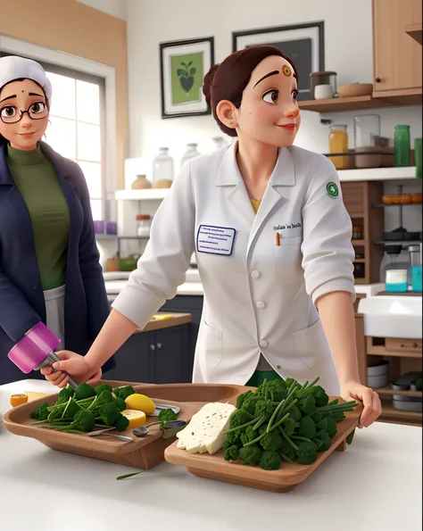 Woman in lab white coat preparing food in kitchen with woman in background, Ayurveda teacher with sayings in lab coat