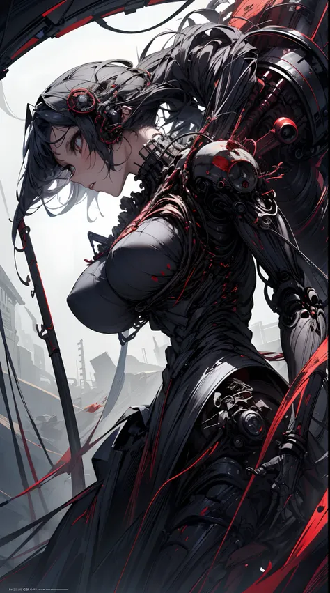 (((Masterpiece))), ((Best Quality)), (Super Detail), (CG Illustration), (Very Evil and Beautiful)), Cinematic Light, ((1 Mechanical Girl)), Single, (Mechanical Art: 1.4), ((Mechanical limb)), (Blood vessel attached to a tube), ((Mechanical spine attached t...