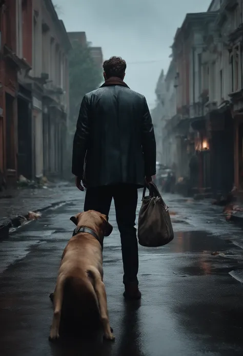 A man fallen to the ground, ((cinema style, 4K)), realistic, with dirty clothes, next to him his faithful dog, wet and unhealthy streets, gray sky