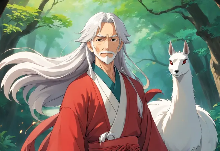 A beautiful and handsome old-fashioned man，long whitr hair，wearing a red Hanfu