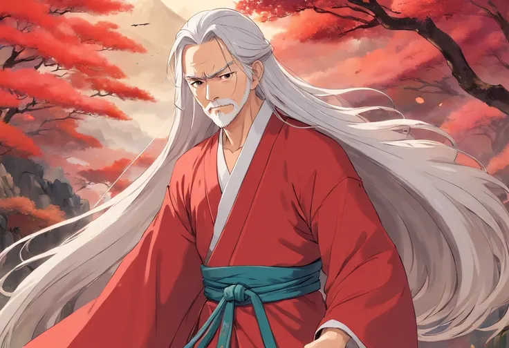 A beautiful and handsome old-fashioned man，long whitr hair，wearing a red Hanfu