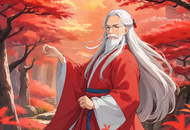 A beautiful and handsome old-fashioned man，long whitr hair，wearing a red Hanfu