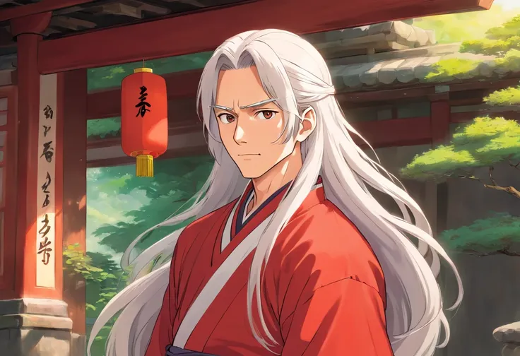 A beautiful and handsome old-fashioned man，long whitr hair，wearing a red Hanfu