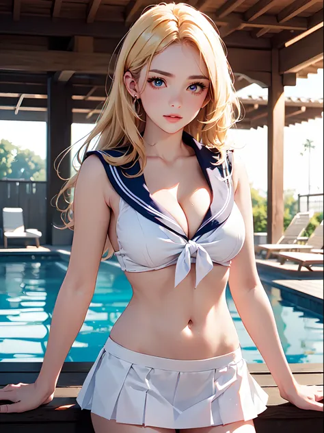 (((toppless))),   (Large breasts), (((cleavage))),  Blonde medium hair. ((Smooth texture, Realistic texture, Photorealistic)),  ((Detailed beautiful eyes, Beautiful eyelashes, Realistic eyes)), extremely detailed CG unified 8k wallpaper, very fine 8KCG wal...