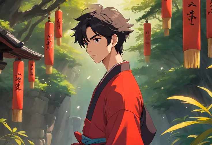 A beautiful and handsome young man，cabelos preto e longos，wearing a red Hanfu