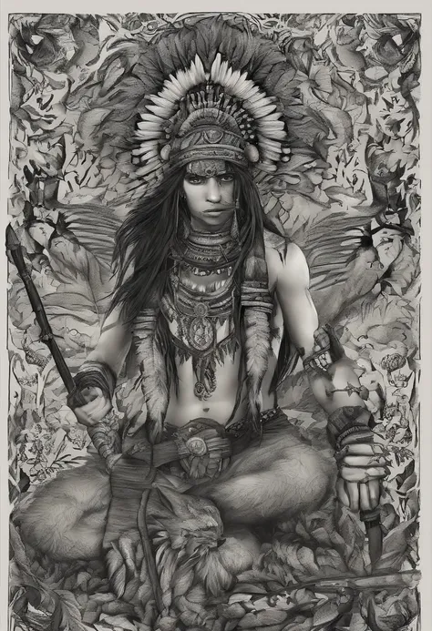 16-year-old girl from an Indian tribe，Wears a crown of feathers，holding a bow and arrow in his hands，Stand in the primeval jungle，Proud and cold，greys，low-saturation，chest circumference，Film lens light and shadow，Zbrush style，3D，C4D，Fine rendering，Many det...