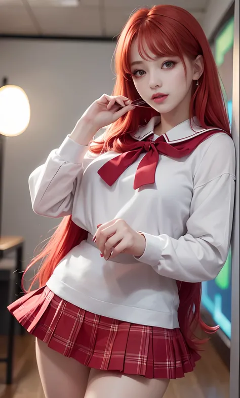 (8k, RAW photo, photorealistic: 1.25), (lip gloss, eyelashes, bright face, glowing skin, red hair, best quality, ultra high resolution, depth of field, chromatic aberration, caustic, wide lighting, natural shading, Kpop idol) looking at the viewer with a s...