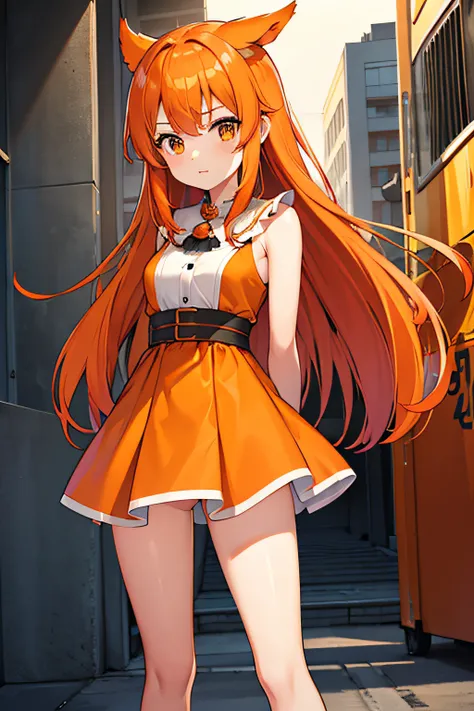 Kairyu Cosplay、girl with、hight resolution、top-quality、Delicate hair、orange color hair、Orange clothes、Arms fold behind your back