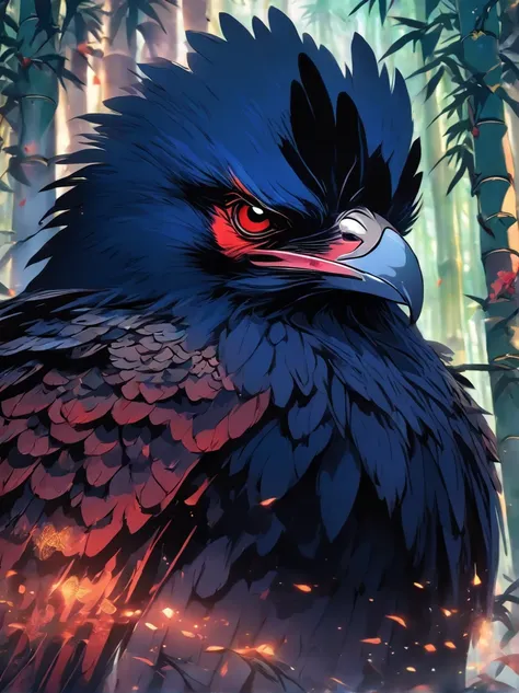 Raven Tengu,Rooster head，traditional japanese concept art，Chinese mythology，，Chinese armor，Black wings，nigh sky，Holding a spear in the bamboo forest，