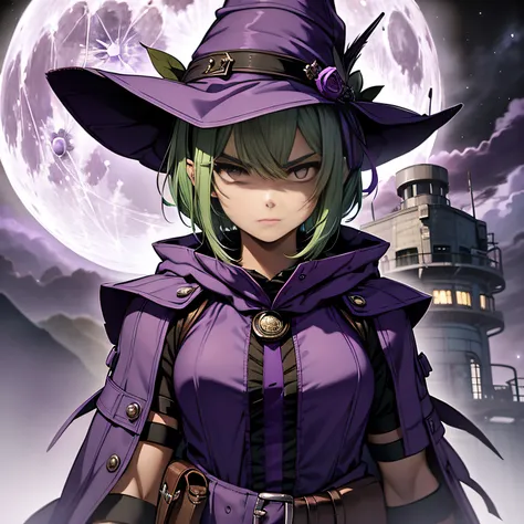 top-quality、extremely delicate and beautiful、(A teenage girl)、Purple Eye、Green hair、short-haired、(purple witch hat)、Purple tie、Tactical Vest、Soio、shortsleeves、Purple skirt、Purple Wizard Robe、Navel、is standing、Facing the front、Expression of hatred、Full moon...