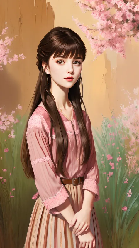 Girl with brown hair and pink clothes in western painting