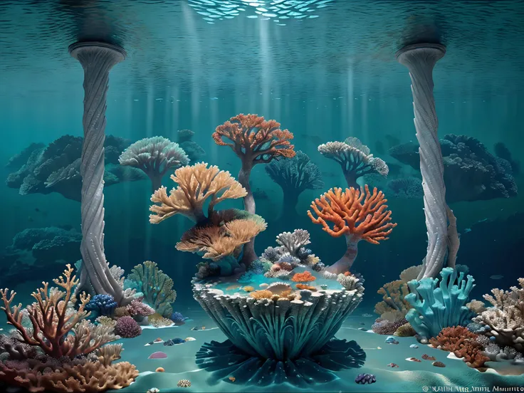 In the depths of an ocean, a mesmerizing tableau unfolds. Vibrant corals sway gently as schools of shimmering fish dart through crystal-clear waters. An intricate and detailed painting captures this underwater scene, showcasing the harmony of natures beaut...