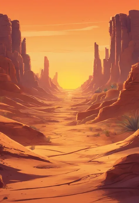 Depth of field in the distance, evening light, Sunset, Desert, mexico, US West, Yellow sand in the sky，The background is a vast desert，game scenes, landscape artwork, environment design illustration, scenery art detailed, Desert oasis landscape, concept-ar...