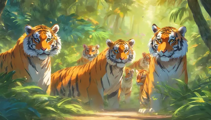 (a family of tigers),oil painting,sharp focus,extremely detailed tigers,vibrant colors,wildlife,graceful movement,tiger cubs playing in a tropical forest,majestic adult tiger overlooking the cubs,striking golden fur,ferocious eyes,strong and muscular bodie...