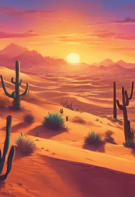 Depth of field in the distance, evening light, Sunset, Desert, mexico, US West, Yellow sand in the sky，The background is a vast desert，game scenes, landscape artwork, environment design illustration, scenery art detailed, Desert oasis landscape, concept-ar...