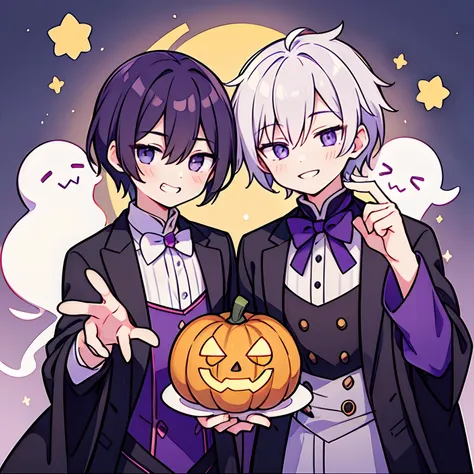 ((two male)),enjoying halloween。purple ice cream、pumpkin ghost、cute grin smiling boys