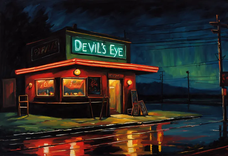 "a bar at the foot of a lonely road,fluorescent sign:the devils eye, medium:oil painting,dark atmosphere,night scene"