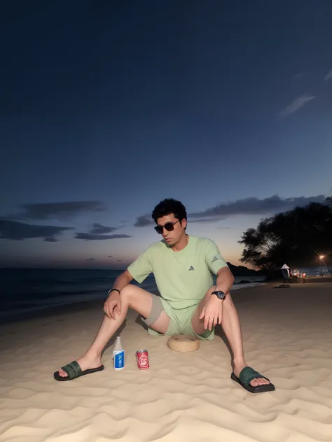 arafed man sitting on the beach with beer bottles and cans, at sunset, on the beach at sunset, with the sunset, on the beach at sunset, sitting on the beach at night, on the beach at sunset, sitting on the beach, sitting on beachside, at beautiful sunset, ...