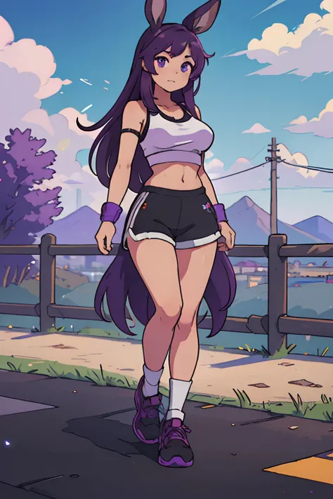 young adult, dark tanned skin, long purple hair, violet eyes, purple rabbit ears, large breasts, wearing sporty white crop top, black shorts, tifa lockheart outfit, at afternoon, black hiking shoes, cyber city, autum, day time, high res, ultrasharp, 8k, ma...