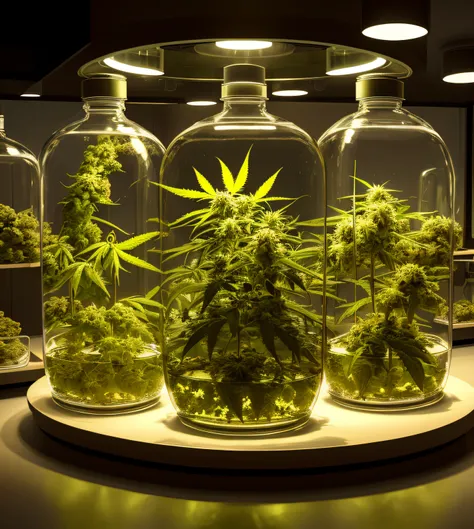 Modern laboratory , Production of cannabis visible through glass containers in a well-lit environment, Create visually stunning scenes that embody the beauty of cannabis in a sterile, unforgettable way. Pay special attention to composition and perspective,...